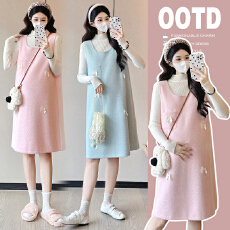 批发实拍时尚大码2025年加绒加厚黄金粒子孕妇装背带裙+大码毛衣套装