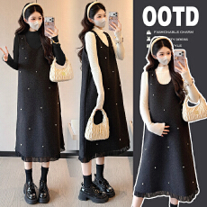 实拍时尚大码2025年加绒加厚毛呢孕妇装背带裙+大码毛衣套装