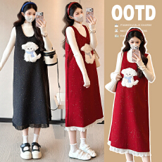 实拍时尚大码2025年加绒加厚毛呢孕妇装背带裙+大码毛衣套装