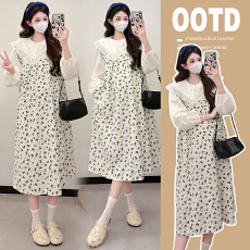 批发实拍时尚大码2026年春季新品灯芯绒孕妇装背带裙+<b class='q'>蕾丝</b>花边领衬衣