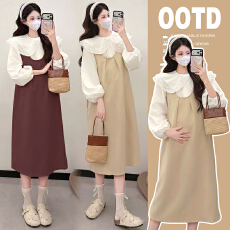 批发实拍<b class='q'>时尚</b>大码2026年春季新品辣妈孕妇装背带裙+蕾丝花边领衬衣