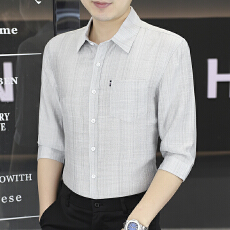 2026春季潮流新款男士七分袖衬衫韩版抗皱免烫商务休闲口袋男衬衣