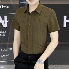 批发2026春新品男士短袖衬衫修身免烫提花条纹冰感透气<b class='q'>商务</b>休闲男衬衣