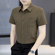 批发2026春季新品男士短袖格子口袋衬衫修身免烫<b class='q'>商务</b>休闲百搭男衬衣