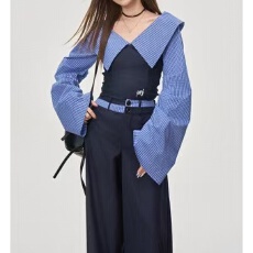 批发高级感一字肩衬衫女春季条纹拼接学院风修身显瘦上衣宽松休闲裤子