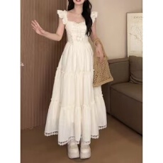 批发森女方领连衣裙<b class='q'>夏</b>季新款法式小飞袖荷叶边收腰显瘦设计感吊带长裙