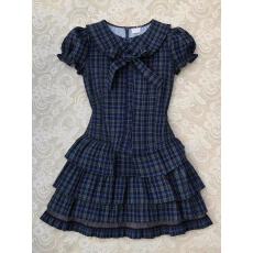 批发蝴蝶结蓝色格纹连衣裙子女夏季2026新款复古学院风蛋糕短裙两件套