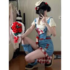 批发可爱甜妹多巴胺<b class='q'>套装</b>女新款泡泡袖衬衫刺绣背带短<b class='q'>裤</b>两件套