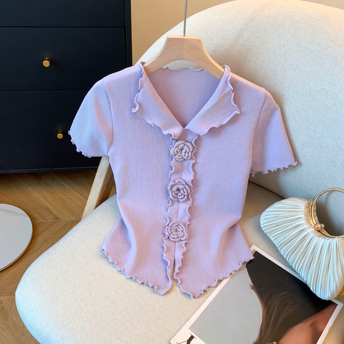 MY7362# 冰丝针织衫夏新款韩版百搭别致修身木耳边立体花朵V领短袖T恤女裝貨源服裝批發