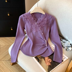 批发实拍冬季气质法式蕾丝v领长袖打底针织衫<b class='q'>修身</b>内搭高级感减龄上衣