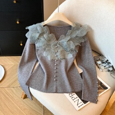 批发实拍冬季气质法式蕾丝v领长袖打底针织衫<b class='q'>修身</b>内搭高级感减龄上衣