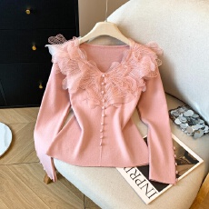 实拍冬季气质法式蕾丝v领长袖打底针织衫修身内搭高级感减龄上衣