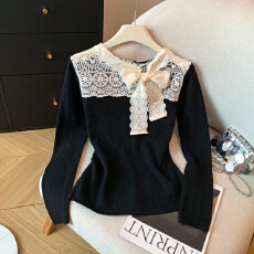 批发实拍冬季新款韩版蕾丝拼接蝴蝶结系带针织衫女法式<b class='q'>气质</b>内搭上衣