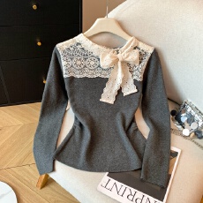 批发冬季新款韩版蕾丝拼接蝴蝶结系带针织衫女法式<b class='q'>气质</b>内搭上衣
