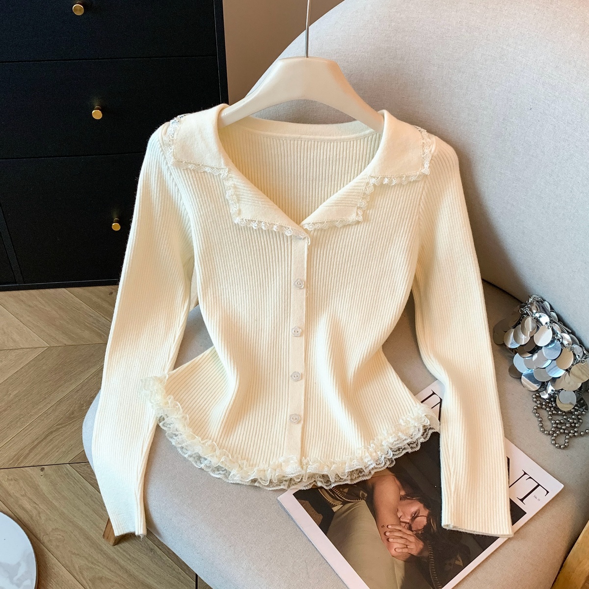 MY14892# 加厚设计感蕾丝花边针织女新款韩系娃娃领显瘦气质长袖女裝貨...