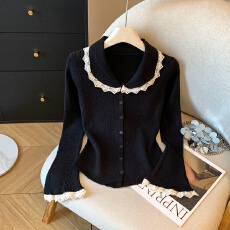 批发实拍法式<b class='q'>蕾丝</b>娃娃领针织开衫秋季别致喇叭袖开衫独特别致绝美小衫