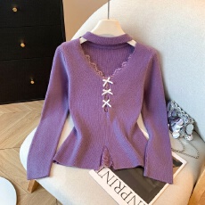 批发实拍秋冬装<b class='q'>女</b>新款挂脖v领蕾丝拼接针织衫蝴蝶结开叉修身显瘦毛衣