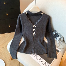 批发实拍秋冬装<b class='q'>女</b>新款挂脖v领蕾丝拼接针织衫蝴蝶结开叉修身显瘦毛衣