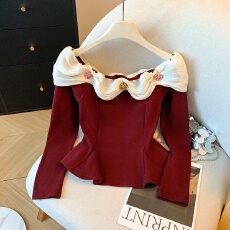 批发实拍小香风荷叶边<b class='q'>长袖</b>t恤女秋冬纯欲一字肩上衣绝美打底衫内搭