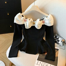 批发实拍小香风荷叶边<b class='q'>长袖</b>t恤女秋冬纯欲一字肩上衣绝美打底衫内搭