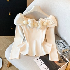 批发实拍立体花荷叶边长袖t恤女秋冬纯欲一字肩上衣绝美打底衫内搭