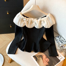 批发实拍立体花荷叶边长袖t恤女秋冬纯欲一字肩上衣绝美打底衫内搭