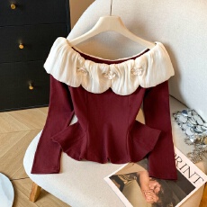 批发实拍立体花荷叶边长袖t恤女秋冬纯欲一字肩上衣绝美打底衫内搭