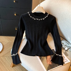 批发实拍韩版气质钉珠喇叭袖针织衫女冬季新款修身<b class='q'>打底</b>衫别致内搭<b class='q'>上衣</b>
