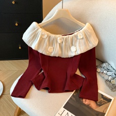 批发实拍立体花荷叶边长袖t恤女秋冬纯欲一字肩<b class='q'>上衣</b>绝美<b class='q'>打底</b>衫内搭