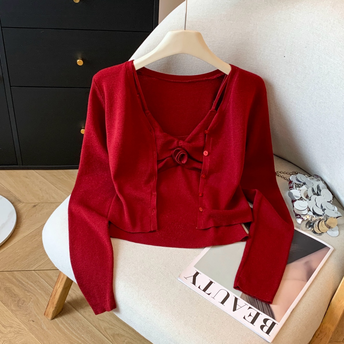 실사 이른 봄 새로운 슬립 3 차원 꽃 조끼 한 부서 부드러운 바람 달콤함 니트 오픈 가디건 두 조각 여성 세트