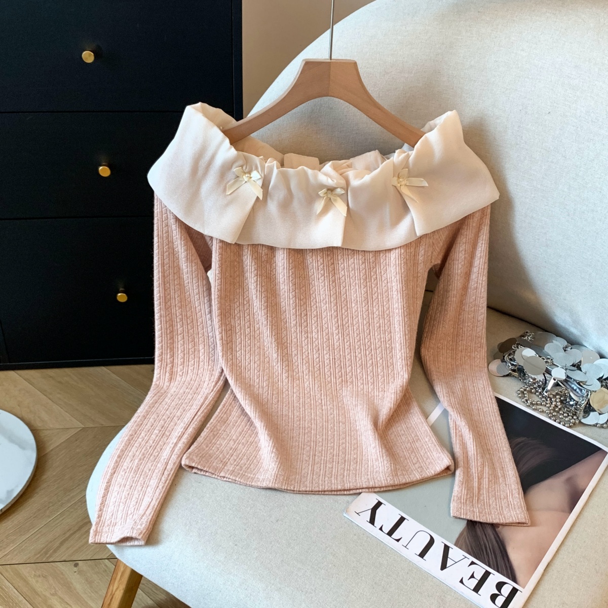 실사 2025 년 새로운 가을 겨울철 쉬폰 오프숄더 달콤함 단색 긴팔 맨위 기본 셔츠