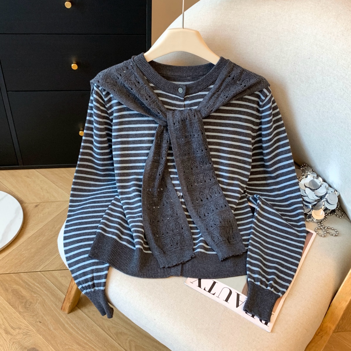 실사 한 부서 작은 청신 품격 다용도 긴팔 어깨 해군 폴로 칼라 스트랩 수평 줄무늬 니트 맨위 풀오버