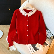 批发实拍韩系蕾丝花边红色针织开衫女秋冬可外穿温柔宽松<b class='q'>毛衣</b>内搭上衣