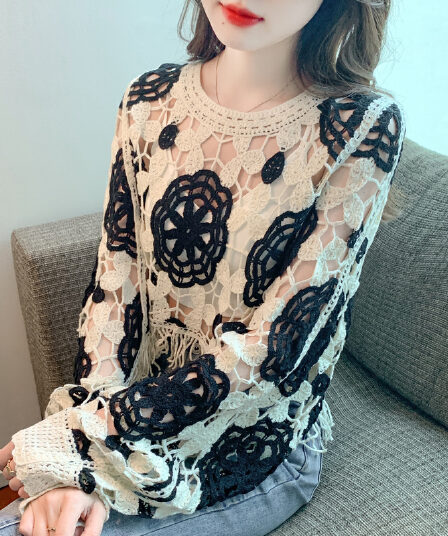 실사 2026 봄 한국 스타일 달콤함 기하학 패턴 긴팔 라운드 넥 풀오버 레이스 셔츠 쉬폰 블라우스