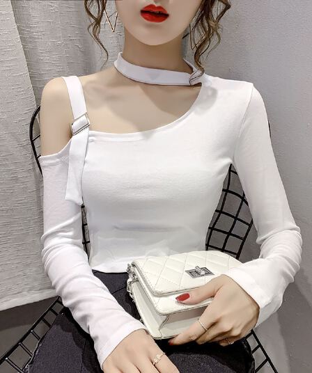 실사 2026 봄 새로운 오프숄더 쇼트 스타일 몸매 가꾸기 슬림해 보이는 긴팔 맨위 기본 셔츠