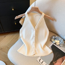 批发实拍韩里韩气夏季<b class='q'>韩版</b>气质纯色无袖排扣针织背心上衣女