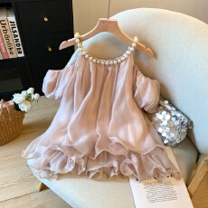 批发实拍温柔风纯欲性感<b class='q'>露肩</b>吊带雪纺<b class='q'>衫</b>立体珍珠链超仙气中长款<b class='q'>上衣</b>