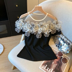 批发实拍2026夏季新款短袖t恤女网纱拼接<b class='q'>露肩</b>立体花气质性感修身<b class='q'>上衣</b>