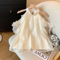 批发实拍温柔风纯欲性感<b class='q'>露肩</b>立体蝴蝶结减龄雪纺<b class='q'>衫</b>超仙气中长款<b class='q'>上衣</b>