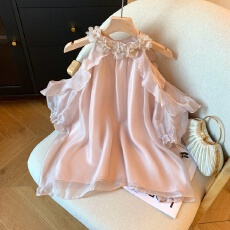 批发实拍温柔风纯欲性感露肩吊带<b class='q'>雪纺衫</b>立体花朵超仙气中<b class='q'>长款</b>上衣