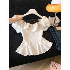 批发实拍2026法式甜美立体亮片小衫修身收腰一字肩性感短款T恤上衣女