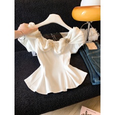 批发实拍2026法式甜美立体亮片小衫修身收腰一字肩性感短款<b class='q'>T</b><b class='q'>恤</b>上衣女