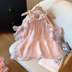 批发实拍温柔风纯欲性感露肩立体花重工钻减龄<b class='q'>雪纺衫</b>超仙气中<b class='q'>长款</b>上衣