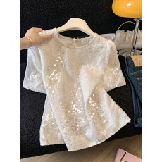 实拍2026新款夏季创意时尚亮片重工欧根纱灯笼袖圆领上衣