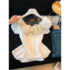 批发实拍2026法式甜美立体花朵小衫修身收腰一字肩性感短款T恤上衣女