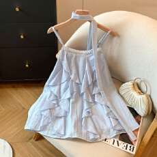 批发实拍名媛重工钉钻拼接气质荷叶边仙女吊带短裙<b class='q'>连衣裙</b>配飘带