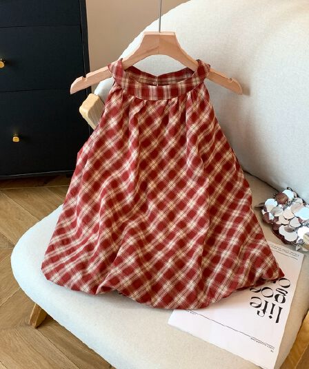 실사 홍콩 느낌 레트로 패션 체크무늬 배색 라운드 넥 민소매 행침 목 슬립 작은 셔츠 퍼프 밑단 표지 고기 맨위