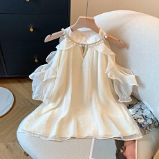 批发实拍温柔风纯欲性感露肩吊带钉钻带珍珠<b class='q'>雪纺衫</b>超仙气中长款上衣