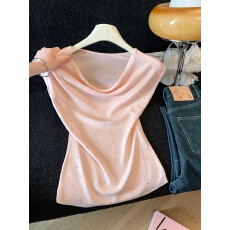 批发实拍法式2026夏季温柔风荡领烫钻针织短袖修身设计感闪钻上衣T恤