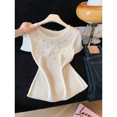 批发实拍2026夏季新款针织T恤高温烫钻立体珍珠修身上衣轻奢高级感